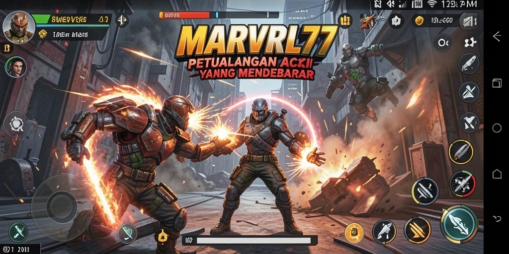Tampilan gameplay MARVRL77 yang menegangkan saat bertarung melawan musuh.